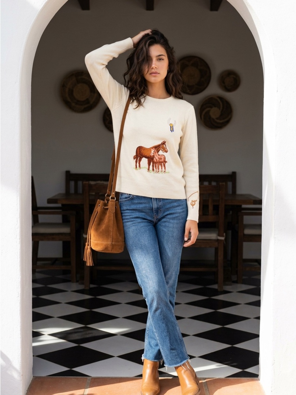 Vintage Cream Embroidered Horse Crewneck Sweater - Picture 3 of 4